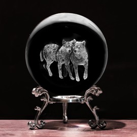 3D Wolf Crystal Ball with Stand Lase Engraved Glass Sphere Paperweight Wolf Decor Gift