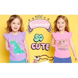 T-Shirts Baby Girls Ruffle Sleeve Shirts Toddler Summer Tees Cotton Kids Dinosaur Graphic Purple Tank Tops 3T