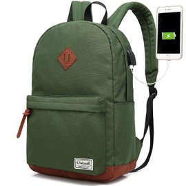 UNIWALK College Backpack, Water-resistent Laptop Backpack with USB Charging Port & Headphone Adapter for Men & Women, Slim Anti-Theft Travel Bookbags Fits up to 14'' Computer 15'' Macbook Green