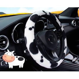 3Pcs Fluffy Cow Steering Wheel Cover Soft Furry Plush Winter Warm Vehicle Car Steering Wheel Protector Warmer with Handbrake Gear Shift Plush Cover Universal Auto Steering Wheel Cover Fit 37-39cm