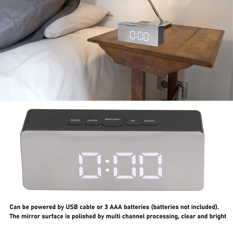 LED Mirror Alarm Clock Rectangular Digital Clock with Temperature Display