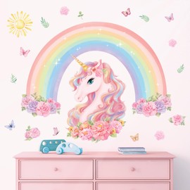DECOWALL SG2-2413 Large Rainbow Unicorn Wall Stickers Flower Peel and Stick Wall Art Decals for Girls Bedroom Kids Room Baby Nursery
