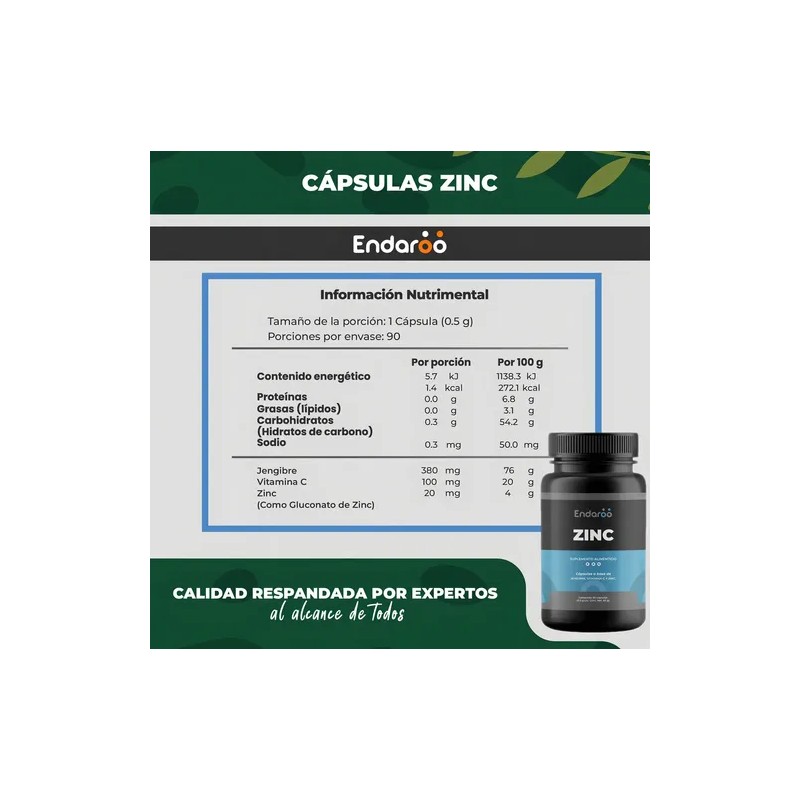 Suplemento de Zinc con Vitamina C y Jengibre – 90