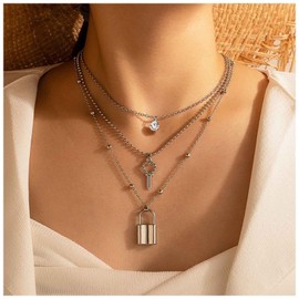 Cimenexe Bohemian Key Lock Pendant Necklace Crystal Choker Necklace Ball Satellite Chain Necklace Silver Multilayer Necklace Jewellery for Women and Girls