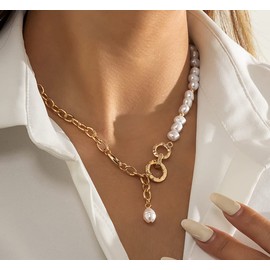Stocking Stuffers Gifts for Women Gold Layered Pearl pendant Necklaces Double Layer Pearl Choker Necklace Paperclip Link Chain Necklace Jewelry for Women