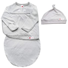 embe Long Sleeve Swaddle Blanket Sack & Beanie Hat for Babies 0-3 Months - Grey Stripe, 6-14 lbs | Arm and Legs In & Out Design | Hip Healthy