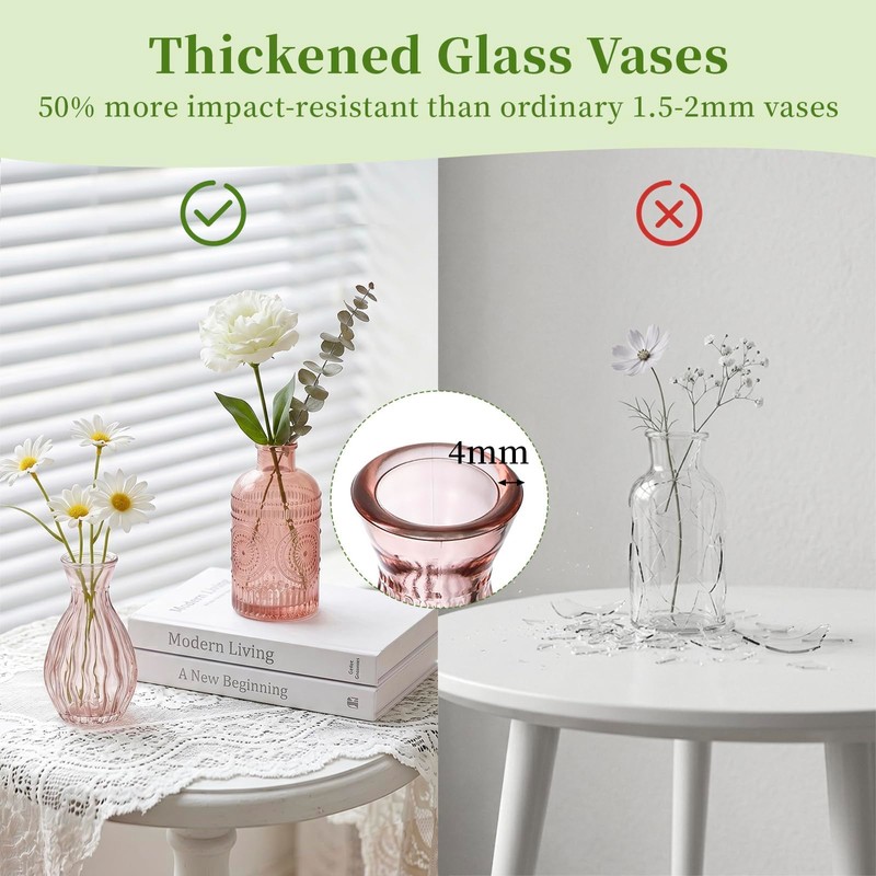 Glasseam Glass Bud Vases for Centerpieces, 10Pcs Pink Small Flower