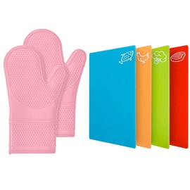 Gorilla Grip Silicone Oven Mitts and Flexible Cutting Boards 4 Pack, Oven Mitts are Extra Long in Pink Color, Flexible Cutting Boards are Multicolor, 2 Item Bundle