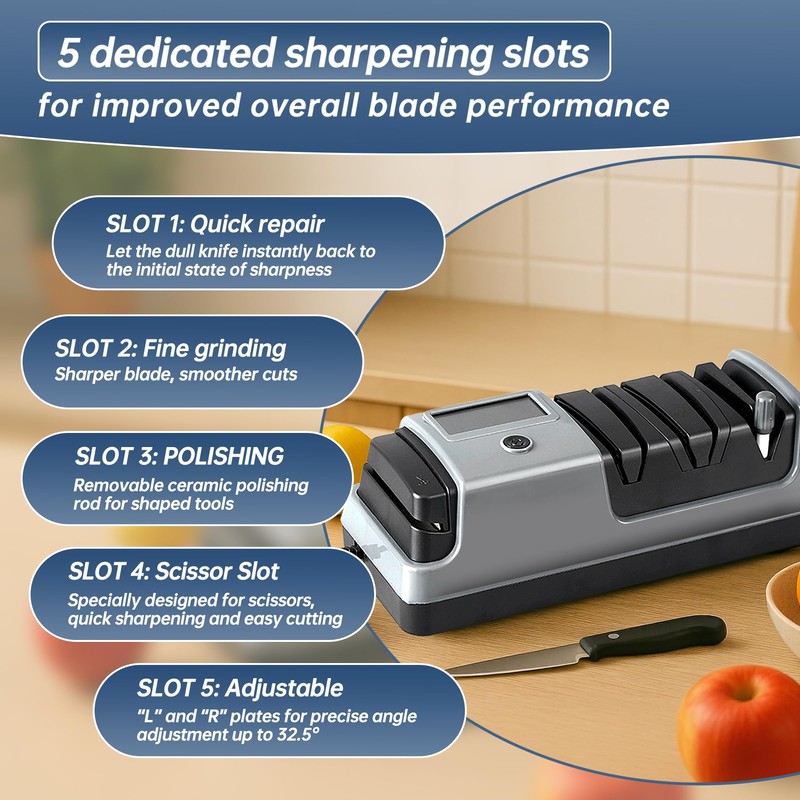5-in-1 Professional Electric Knife Sharpener with LCD Screen, 3 Rotational