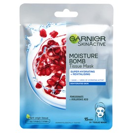 Garnier Moisture Bomb Pomegranate and Hyaluronic Acid Sheet Mask, Super Hydrating & Replumping Face Mask, For Dehydrated Skin, Biodegradable and Vegan Tissue, 28g