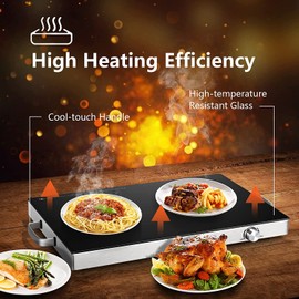 Fantask Electric Warming Tray, Long Electric Hot Plate w/Adjustable Temperature Control Cool-Touch Handles & Tempered Glass Surface, Stainless Steel Flat Food Buffet Warmer for Party, Activities