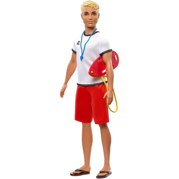 Ken Lifeguard Doll with Life Buoy, Whistle and Blonde Hair Wearing T-Shirt, Red Swim Trunks and Flip-Flops, Gift for 3 to 7 Year Old​​​