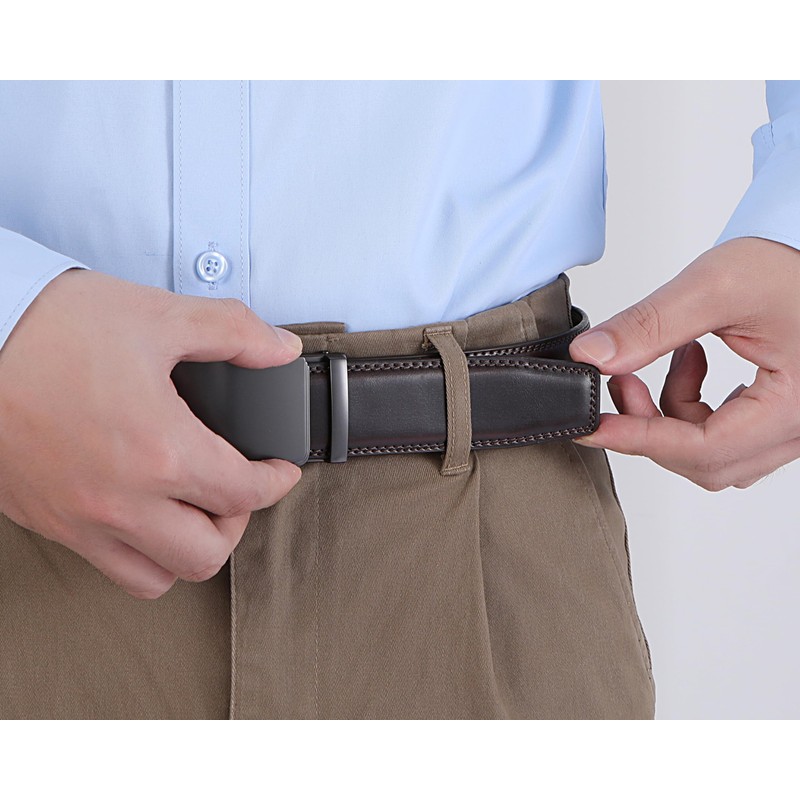 Acewin Men's Leather Belt, Automatic Work Belt, Adjustable, Width 35