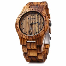 BEWELL Wooden Watch Fashion Handmade Sports Mens Wooden Watch Analog Quartz Lightweight Handmade Wood Wrist Watch