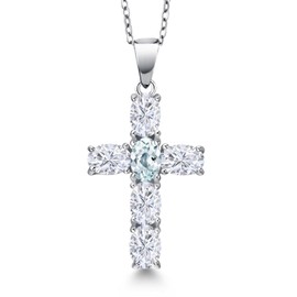 Gem Stone King 925 Sterling Silver White Moissanite and Sky Blue Aquamarine Cross Pendant Necklace for Women | 3.00 Cttw | Gemstone Birthstone | Oval 6X4MM | With 18 Inch Chain