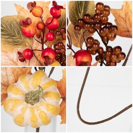 Arborus 2PCS Artificial Fall Picks Fake Pumpkin Maple Leaves with Red Berries, 14" Faux Fall Greenery Branches Autumn Décor for Vase Farmhouse Kitchen Decoration