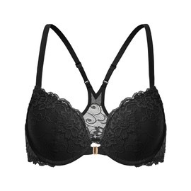 Deyllo Women's Push Up Front Closure Bras Underwire Racerback Lace Bra Padded Plunge Add One Cup (Black,38DD)