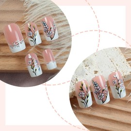 Press on Nails Medium Coffin Square French Tip Simple with White Pink Flowers Design Fake Nails Full Cover Glossy Acrylic Glue on Nails Short Stick on Nails False Nails for Women 24Pcs 5XG2-2504-005