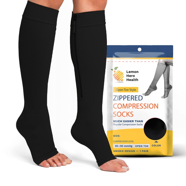 Lemon Hero Unisex-Adult 20-30Mmhg Zippered Medical Compression Socks With Zipper Safe Protection & Open Toe Support Stockings For And 5X-Large Black