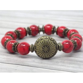 Zen Armband für Frauen in roten Perlen in rekonstruiertem Türkis und flacher Perle in antiker Bronze