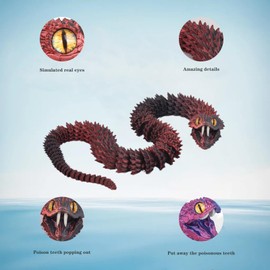 3D Printed Viper,3D Printed Snake Toy,3D Printed Animal, Fingertip 3D Printed Toys for Autism Hyperactivity Disorder-Home Office Decor Executive Desk Toys (RED-Black, 23.63 in)