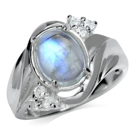 Silvershake Natural Moonstone and White Topaz 925 Sterling Silver Glamorous Ring Size 5