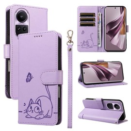 SATURCASE Case for Oppo Reno 10 5G / Reno 10 Pro, Cute Cat PU Leather Flip Dual Magnet Wallet Stand Card Slots Hand Strap Protective Cover (ZC-Purple)