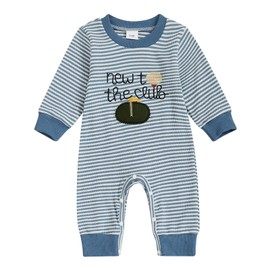New to the Club Baby Boy Golf Outfit Embroidery Waffle Striped Jumpsuit Romper Long Sleeve Bodysuit Cute Newborn Fall Winter Clothes Welcome Home (Blue, 6-12 Months)