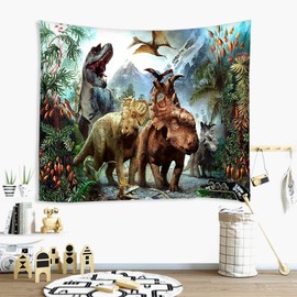 Retro Wood Plank Flower Wall Hanging Decor Tapestry, Dinosaur-1 New, W90" x L71"