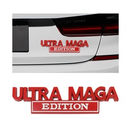Dickno Ultra MAGA Edition Car Emblem, 3D Raised Letter Metal Fender Badge Sticker with Strong Adhesive, Auto Personality Trunk Logo Decal, Universal Car Exterior Decor Accessories (Red & White)