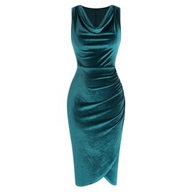 ZAFUL Women's 2025 Cocktail Dress Sleeveless Cowl Neck Velvet Dress Sexy Slit Ruched Bodycon Wedding Guest Midi Dresses(Lake Blue,S)