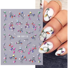 2Pcs 5D Embossed Christmas Colorful Light Nail Art Stickers, Self-Adhesive Neon Lamp Design, Glittery Manicure Tips Christmas Nail Art Supplies Manicure Decal for Women New Year Nail Decoration