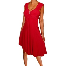 Funfash Women's Plus Size Red Empire Waist Dress, A-line Sexy Midi Dress with Rhinestone Centerpiece, for Casual and Formal Occasion