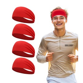 Sport Sweatbands for Men and Womem, 4 Pack, Double-Layer Workout Headbands, Sweat Wicking Hairbands for Fitness Running Football (Red Pack)