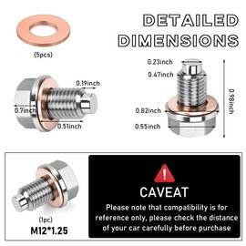 Dickno Dickno M12×1.25 Magnetic Oil Drain Plug, Aluminum Stainless Steel Sump Drain Nut Bolt with 5 Copper Crush Washer, Universal Leak-proof Replacement Car Accessories for Most Vehicles