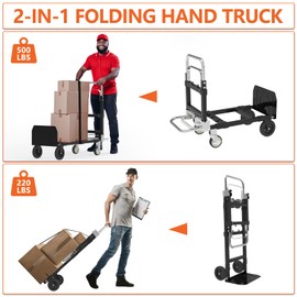3 in 1 Heavy Duty Folding Hand Truck, Convertible Portable Steel Dolly with Telescopic Handle, Foldable Utility Cart with Rubber Wheels, 500 LBS