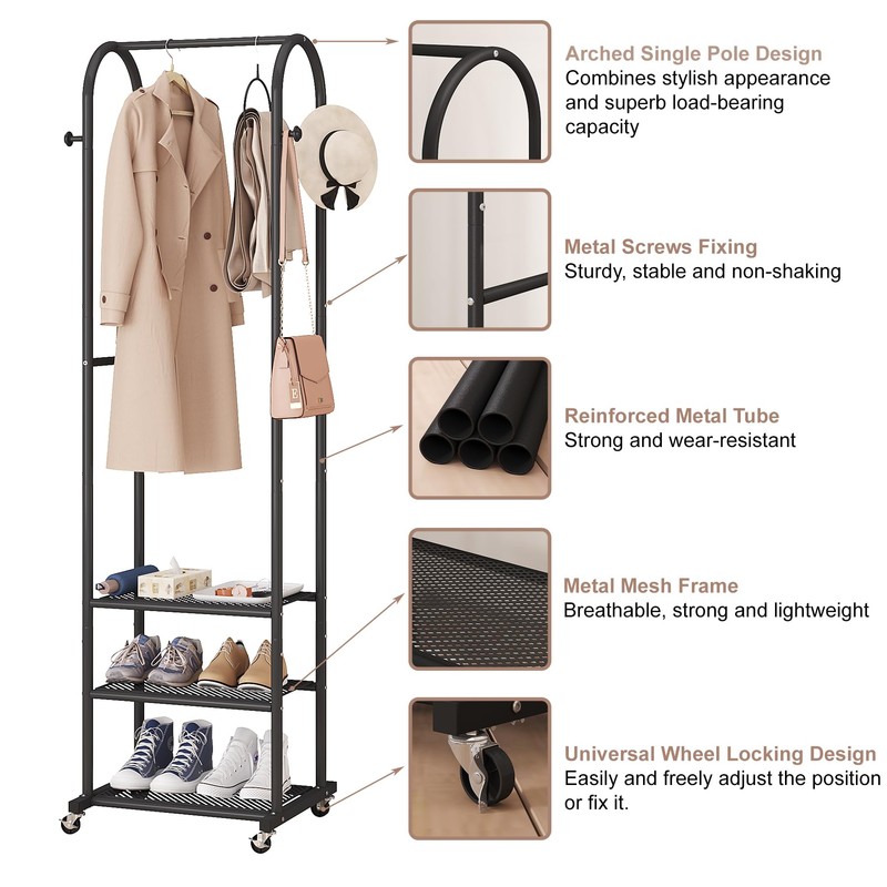 Hall Tree with Wheels and Hanging Hooks,Heavy-Duty Metal Coat Rack