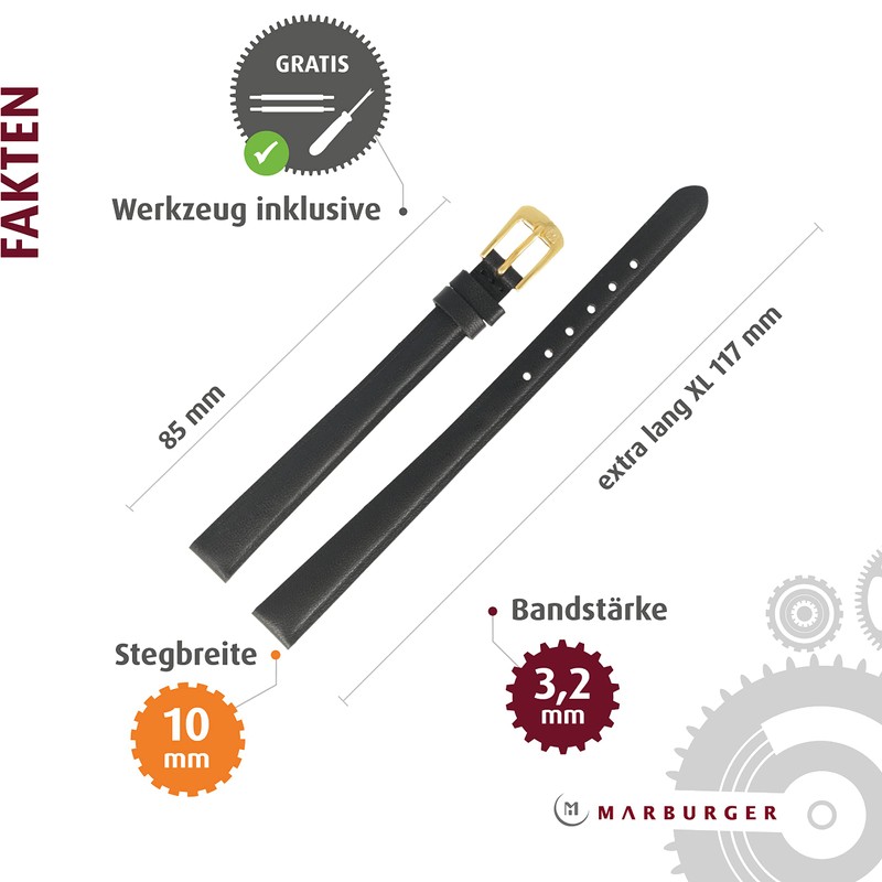 MARBURGER Watch Strap 10 mm Leather XL Smooth with Stitching
