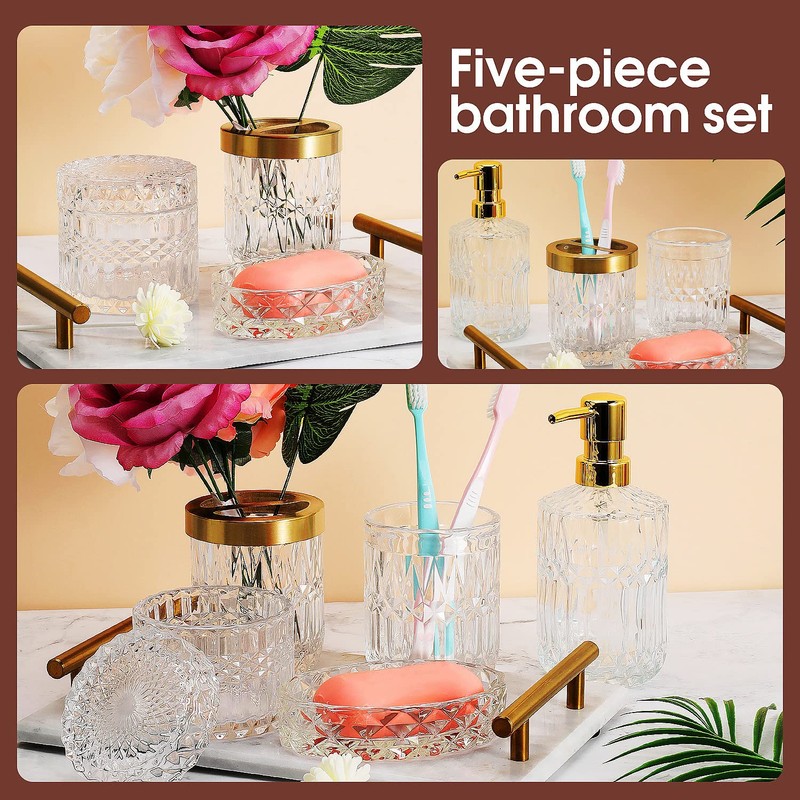 5Pcs Glass Bathroom Accessories Complete Set, Lotion Dispenser, Soap Dish,