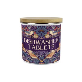 Purple Strawberry Thief Dishwasher Tablets Storage Canister - Morris Inspired Floral Tapestry Artwork - 1.2L Refillable Home Cleaning Products Enamel Container