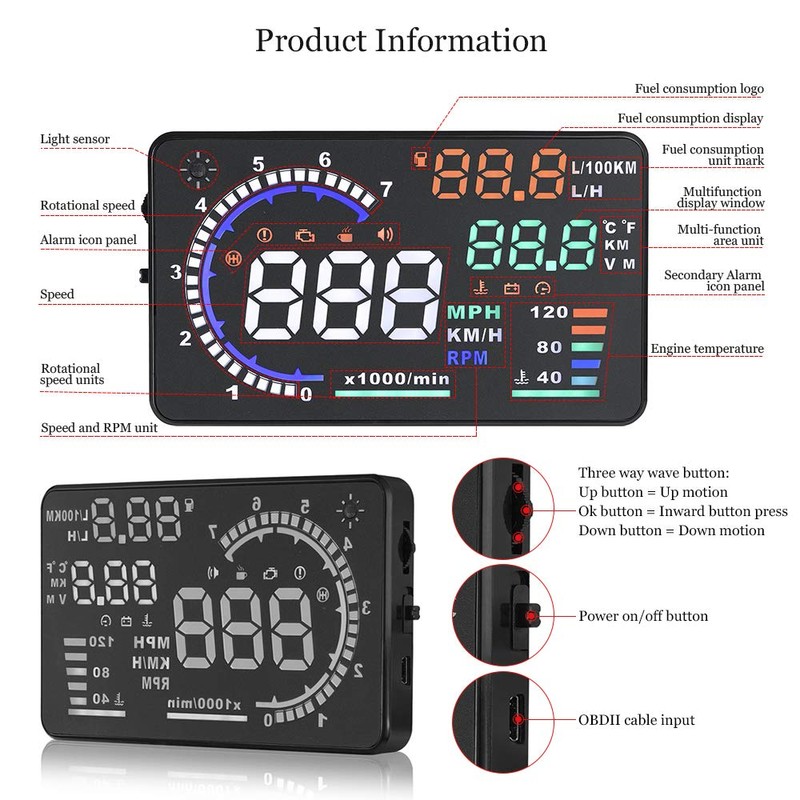 Arestech 5.5 inches A8 OBD2 Windshield HUD Head Up Display