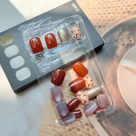 24Pcs Thanksgiving Press on Nails Short Square Fake Nails Autumn Flower Gel False Nails Leaves Stick on Nails Glitter Exquisite Fall Acrylic Nails Brown Glossy Glue on Nails for Thanksgiving Nails