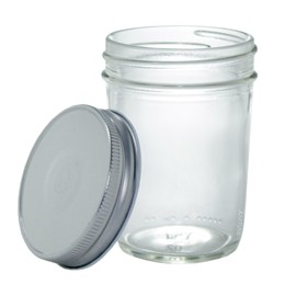 Clear 8 oz Glass Wide Mouth Tapered Jar with Airtight Silver Metal Plastisol Lid for Canning and Storage + Labels (6 pack) for preserves, jams, jellies, pickled goods, and sauces
