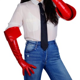 DooWay Red Leather Gloves Women Long Opera Evening Gloves 25-inches FOLD-OVER Cuff