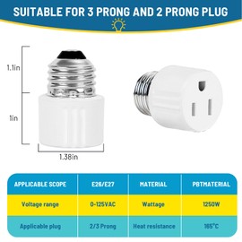 ENATECLITE 3-Prong Light Socket to Plug Adapter,E26/E27 Light Socket Outlet,2/3 Prong Outlet Socket Splitter Converter for Garage Porch White 2pack