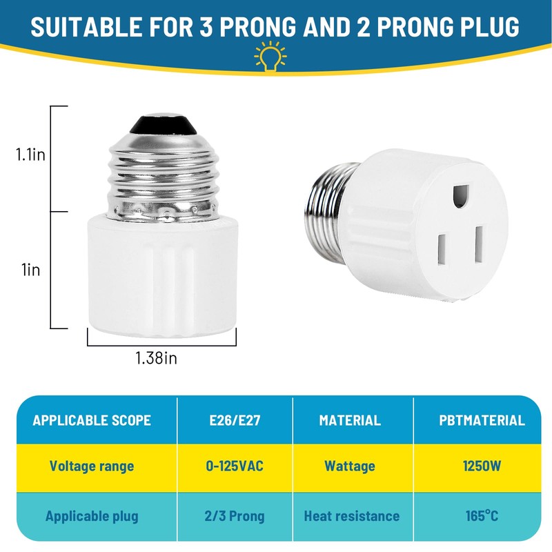 ENATECLITE 3-Prong Light Socket to Plug Adapter,E26/E27 Light Socket Outlet,2/3