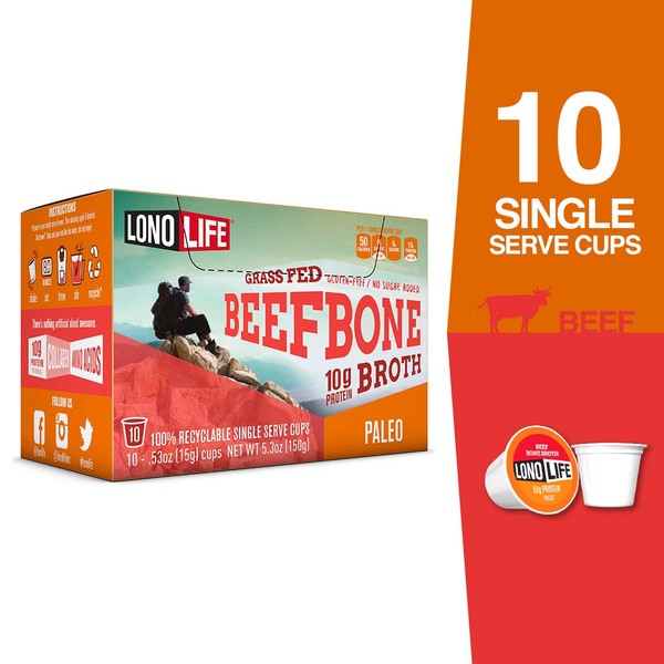 LonoLife - Beef Bone Broth Single Serve Cups - 10g Collagen Protein - Grass-Fed, Gluten-Free - Keto & Paleo Friendly - 10 count