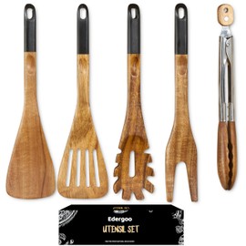 Edergoo Wood Cooking Utensils Set, 5 PCS Wooden Spoons for Cooking Includes Stainless/Wood Kitchen Tongs, Non-Stick Wooden Utensil Set with Innovative Finger Groove & Non-Slip Notch Design, Black