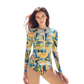 AXESEA Womens Rash Guard Long Sleeve One Piece Swimsuit Ruched Zip Bathing Suit Yellow(Blue), 8