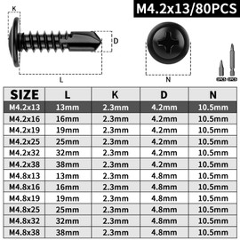 XRXYMQ 80 Pcs Self Tapping Screws M4.2 x 13 mm Self Drilling Screws Black Stainless Steel Tek Screw Metal for Maintenance Furniture with Screwdriver Bit